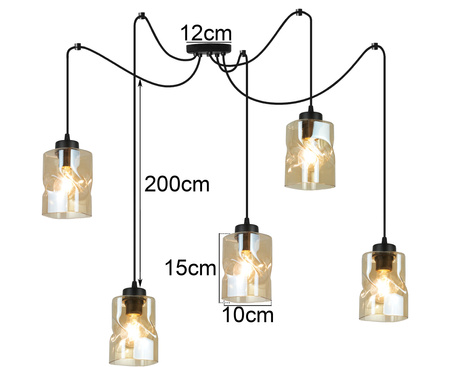 Lampa Czarna Wisząca Pająk Żyrandol 4 Płomienna Szklany Klosz Aura Miodowy